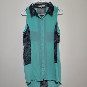 Sleeveless Teal and‎ Black Leopard Print Sheer Women's Top